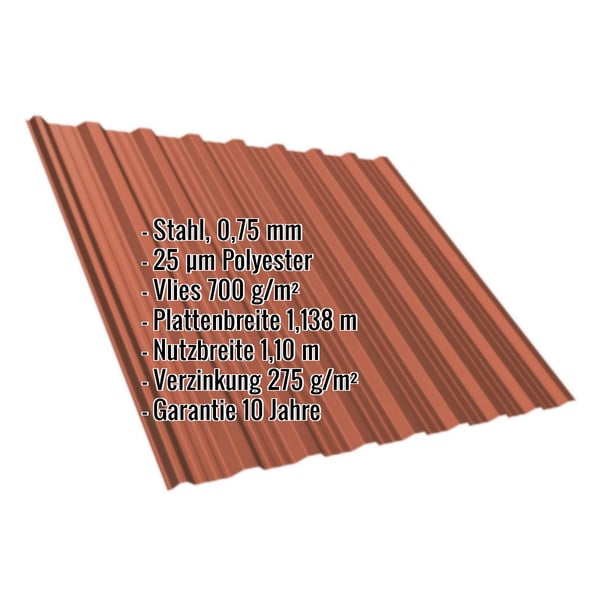 Trapezblech T18DR kupferbraun, 0,75 mm Stahl, Polyesterbeschichtung, mit eingeblendeten Produktdaten