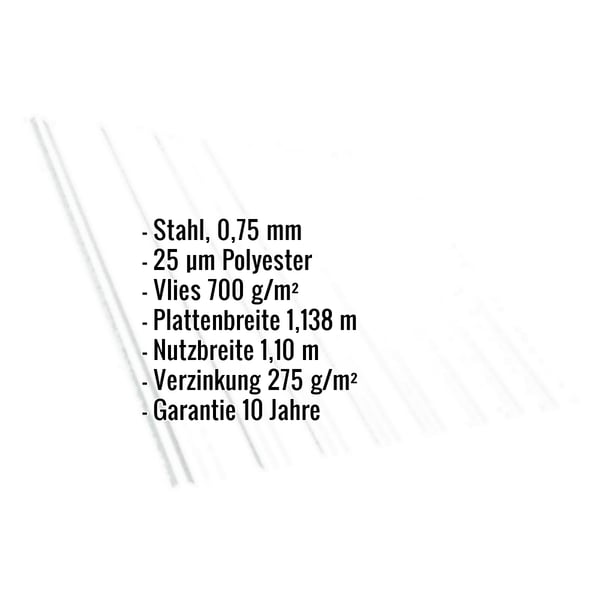 Trapezblech T18DR Infografik mit Eckdaten: Stahl 0,75 mm, 25 µm Polyester, Vlies 700 g/m², Plattenbreite 1,138 m, Nutzbreite