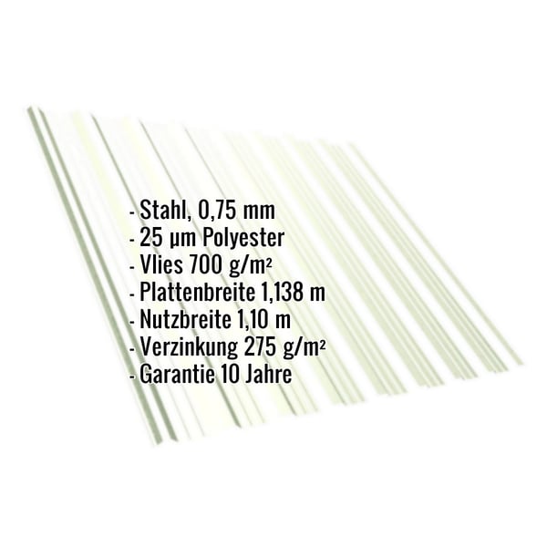 Trapezblech T18DR Infografik mit Eckdaten: Stahl, 0,75 mm, 25 µm Polyester, Vlies 700 g/m², Plattenbreite 1,138 m