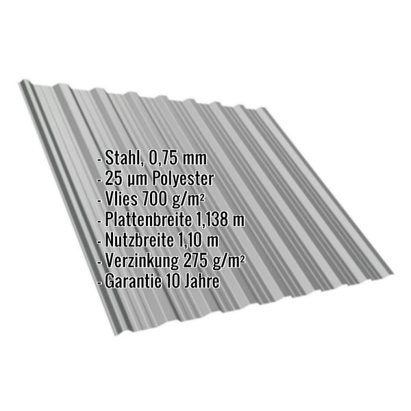 Trapezblech T18DR Graualuminium mit eingeblendeten Eckdaten zu Material, Staerke, Beschichtung und Massen