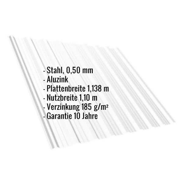 Trapezblech T18DR Aluzink 0,50 mm mit eingeblendeten Eckdaten zu Material, Breite und Garantie