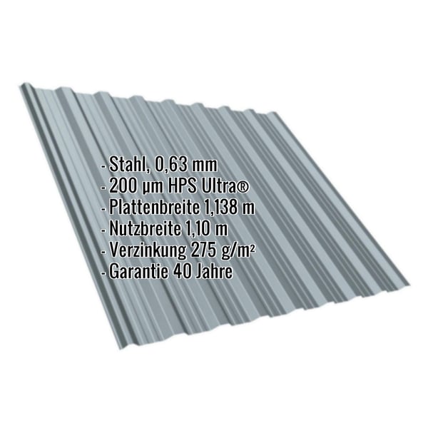 Trapezblech T18DR Fenstergrau mit eingeblendeten Eckdaten zu Material, Staerke und Beschichtung