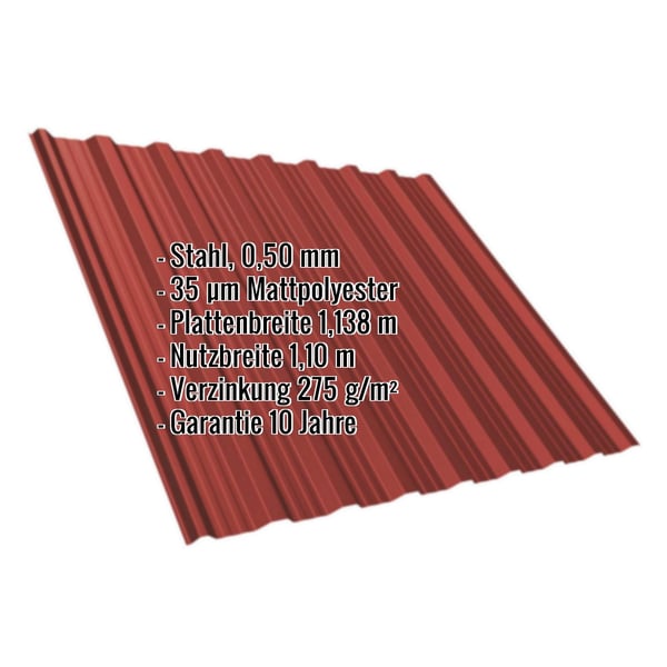 Trapezblech T18DR Kirschrot, Stahl 0,50 mm, 35 µm Mattpolyester, mit eingeblendeten Eckdaten