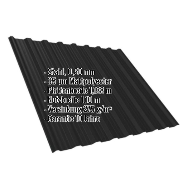 Trapezblech T18DR Dach, schwarz, 0,50 mm, mit eingeblendeten Eckdaten zu Material und Beschichtung