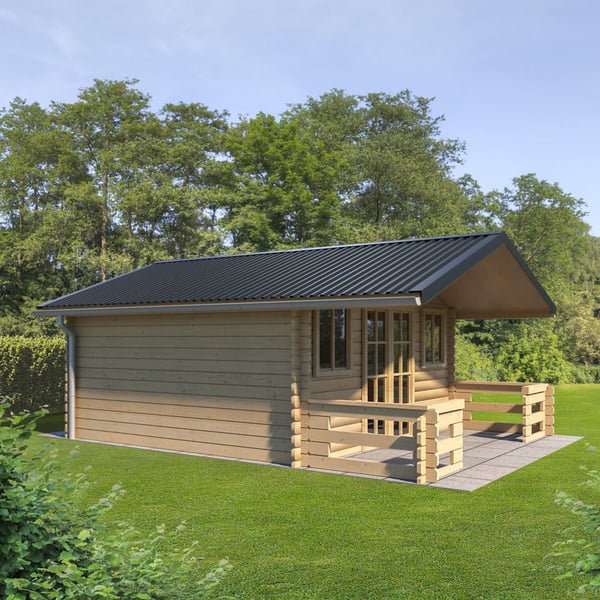 Trapezblech T18DR anthrazitgrau auf einem Gartenhaus mit Veranda, Anwendungsbeispiel