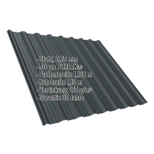 Trapezblech T18DR anthrazitgrau 0,75 mm mit PURLAK Beschichtung und eingeblendeten Eckdaten