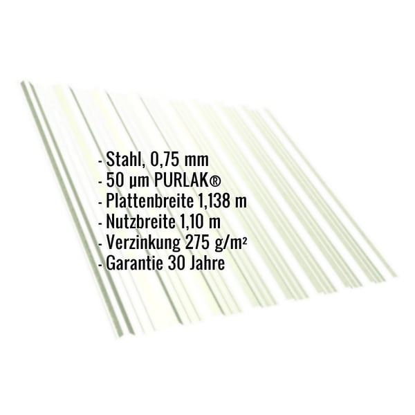 Trapezblech T18DR, Stahl 0,75 mm, Grauweiß RAL 9002, mit PURLAK® Beschichtung und Eckdaten-Einblendung