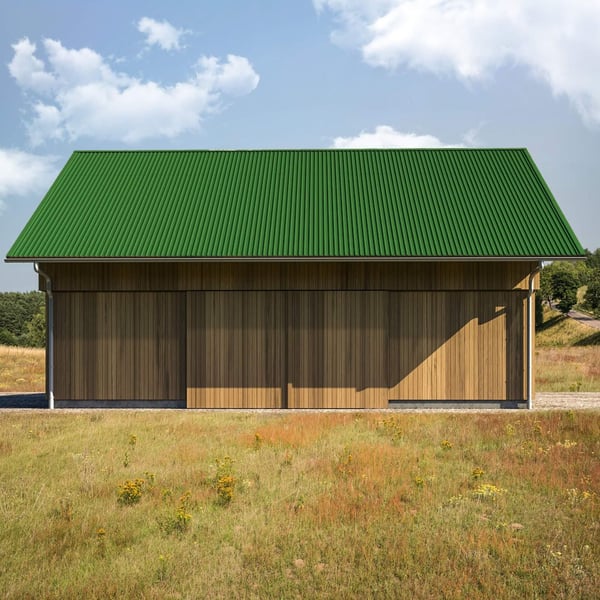 Holzschuppen mit Trapezblech T18DR Dach in Grün RAL 6010, 0,50 mm Stahl, PURMAT®