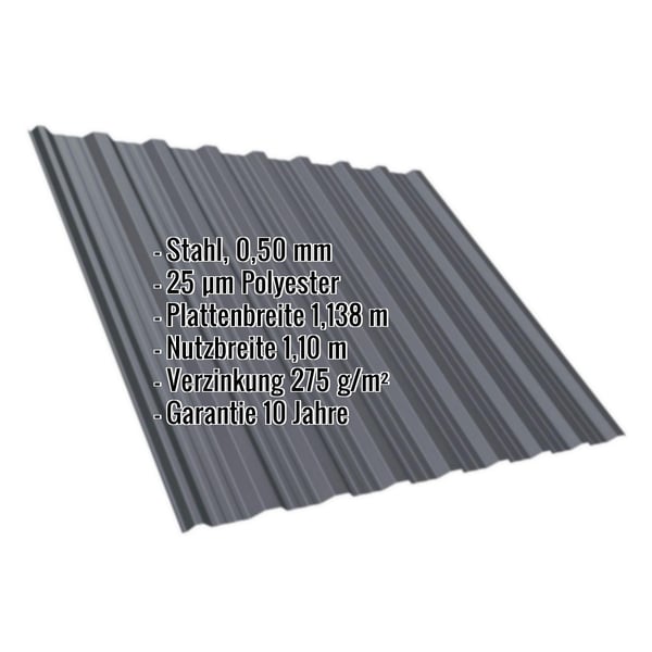 Trapezblech T18DR graphitgrau 0,50 mm mit eingeblendeten Eckdaten zu Material, Beschichtung und Massen