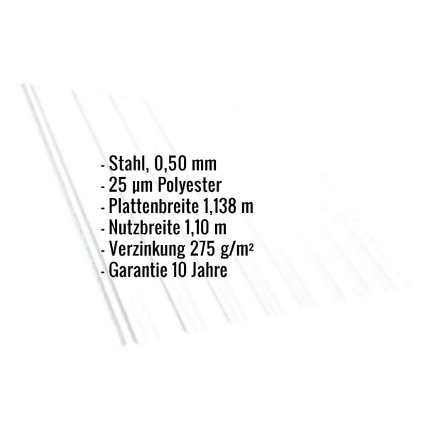 Trapezblech T18DR Reinweiß, 0,50 mm Stahl, Polyesterbeschichtung, mit eingeblendeten Eckdaten