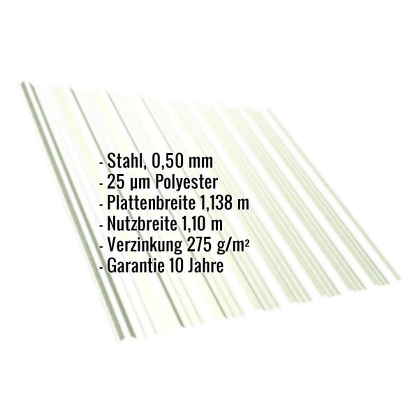 Trapezblech T18DR, Grauweiß RAL 9002, mit eingeblendeten Eckdaten zu Material, Stärke und Garantie
