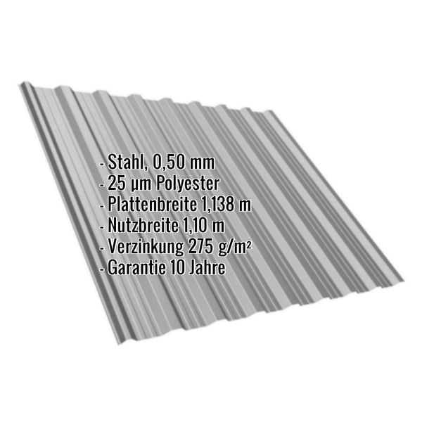 Trapezblech T18DR Graualuminium 0,50 mm mit eingeblendeten Eckdaten zu Material, Staerke und Abmessungen