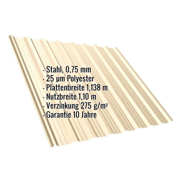 Trapezblech T18DR Hellelfenbein 0,75 mm, schraeg von oben, mit eingeblendeten Eckdaten