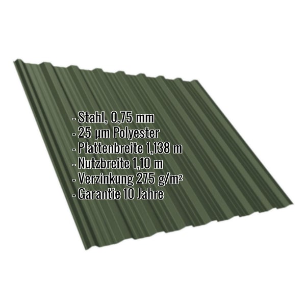 Trapezblech T18DR 0,75 mm Chromoxidgrün mit eingeblendeten Eckdaten