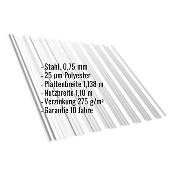 Trapezblech T18DR Lichtgrau mit eingeblendeten Eckdaten zu Material, Staerke und Beschichtung