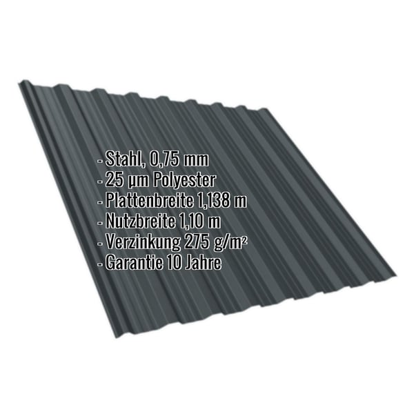 Trapezblech T18DR Anthrazitgrau 0,75 mm mit Polyesterbeschichtung, Eckdaten eingeblendet