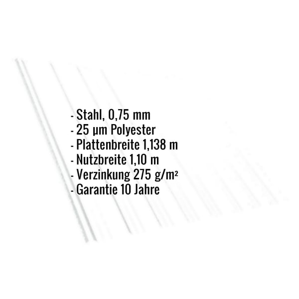 Trapezblech T18DR Dach, Reinweiß, mit eingeblendeten Eckdaten zu Material, Beschichtung und Garantie