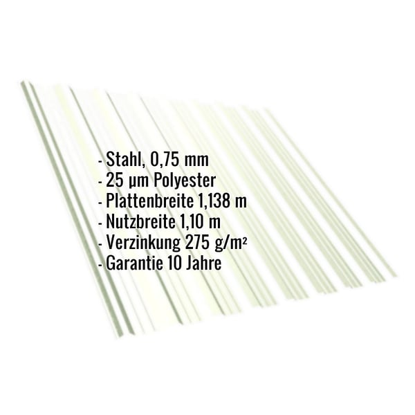 Trapezblech T18DR Dach Grauweiß mit eingeblendeten technischen Daten und Garantiehinweis