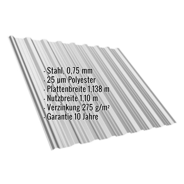 Trapezblech T18DR Dach aus Stahl 0,75 mm Weißaluminium mit eingeblendeten Eckdaten