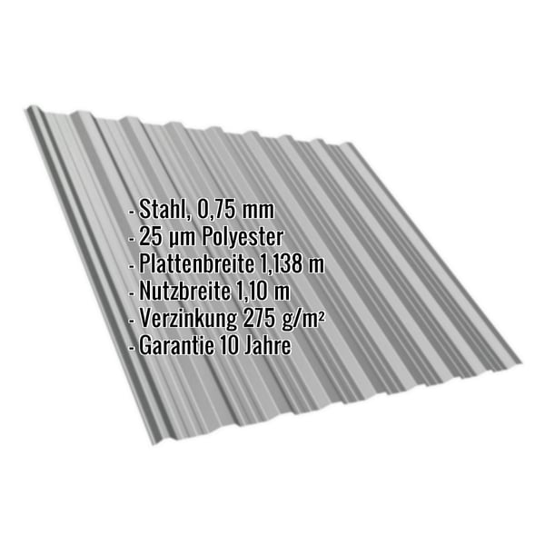 Trapezblech T18DR Graualuminium, 0,75 mm Stahl mit 25 µm Polyesterbeschichtung, Eckdaten eingeblendet