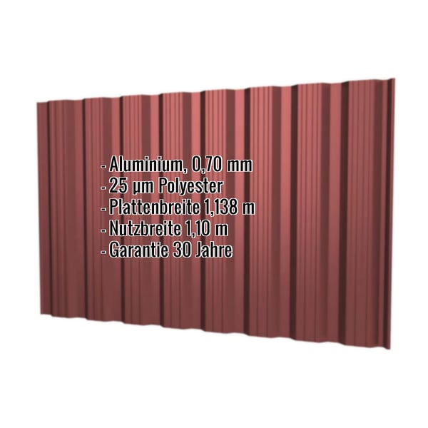 Trapezblech T18DR Aluminium 0,70 mm Rotbraun mit eingeblendeten Eckdaten