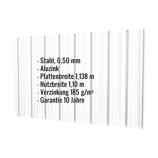 Trapezblech T18DR Aluzink, 0,50 mm, mit eingeblendeten Eckdaten zu Material, Breite und Garantie