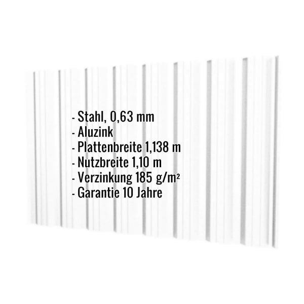 Trapezblech T18DR Aluzink 0,63 mm mit eingeblendeten Eckdaten zu Material, Staerke und Breite