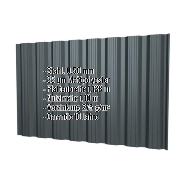 Trapezblech T18DR Wand Anthrazitgrau, 0,50 mm Stahl, mit eingeblendeten Eckdaten