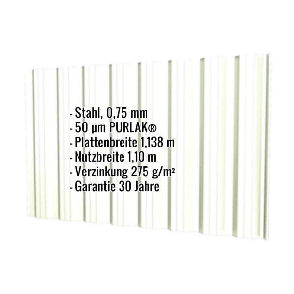 Trapezblech T18DR Wand, Grauweiß RAL 9002, mit eingeblendeten Eckdaten zu Material und Maßen