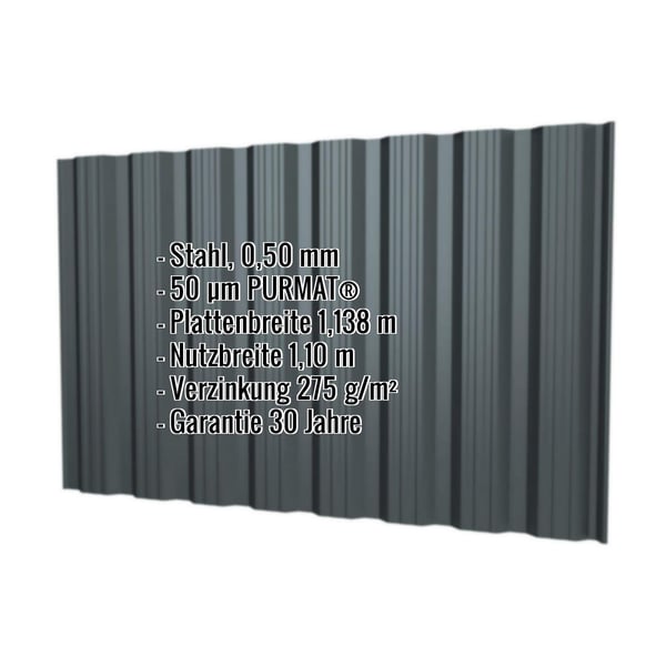 Trapezblech T18DR Wand Anthrazitgrau RAL 7016, 0,50 mm, mit eingeblendeten Eckdaten