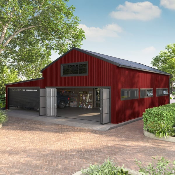Scheune mit kirschroter Trapezblech T18DR Fassade, 0,50 mm Stahl, und Garagentoren