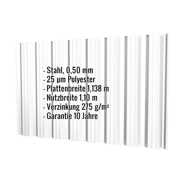 Trapezblech T18DR Lichtgrau RAL 7035, mit eingeblendeten Eckdaten zu Material, Staerke und Beschichtung
