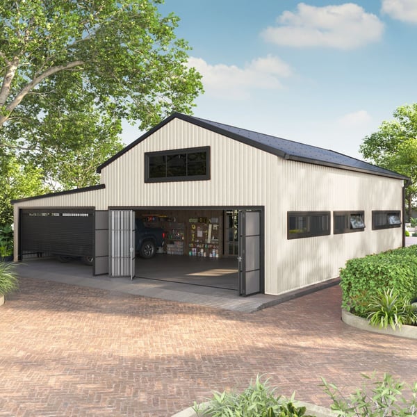 Trapezblech T18DR Reinweiß als Fassadenverkleidung an einer großen Garage mit schwarzen Toren und Fenstern