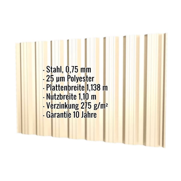 Trapezblech T18DR Hellelfenbein mit eingeblendeten Eckdaten zu Material, Staerke und Beschichtung