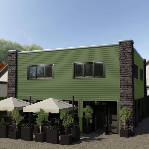 Gebäude mit Wandverkleidung aus Trapezblech T18DR Resedagrün, als Restaurant genutzt