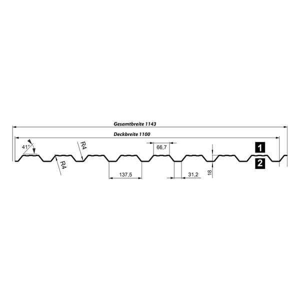 Technische Zeichnung Trapezblech T18DR mit Gesamtbreite 1143 mm und Deckbreite 1100 mm
