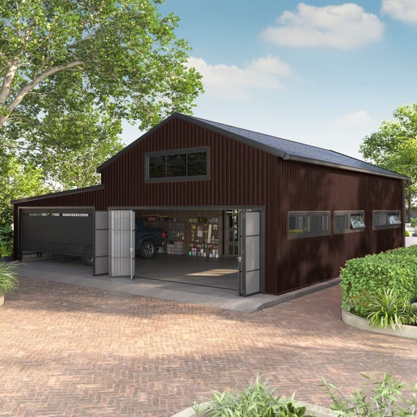 Trapezblech T18DR Wand, schokoladenbraun, als Fassadenverkleidung einer grossen Garage mit Toren