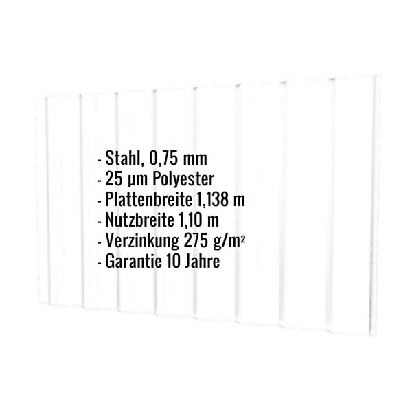 Trapezblech T18DR Reinweiß mit eingeblendeten technischen Daten: Stahl, 0,75 mm, 25 µm Polyester, Plattenbreite, Nutzbreite,