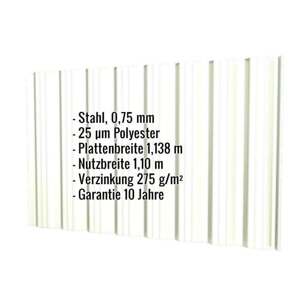 Trapezblech T18DR Grauweiß, 0,75 mm Stahl, mit eingeblendeten technischen Eckdaten