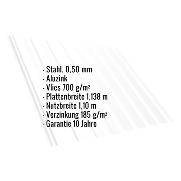 Infografik: Eckdaten des Trapezblechs T20M, Stahl 0,50 mm, Aluzink, Vlies 700 g/m², Plattenbreite 1,138 m