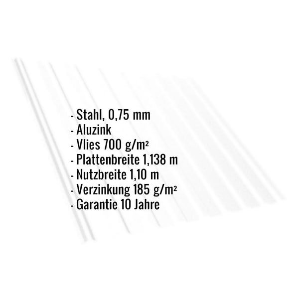 Infografik: Trapezblech T20M Aluzink 0,75 mm mit Vlies 700 g/m², Plattenbreite 1,138 m, Nutzbreite 1,10 m, Verzinkung 185
