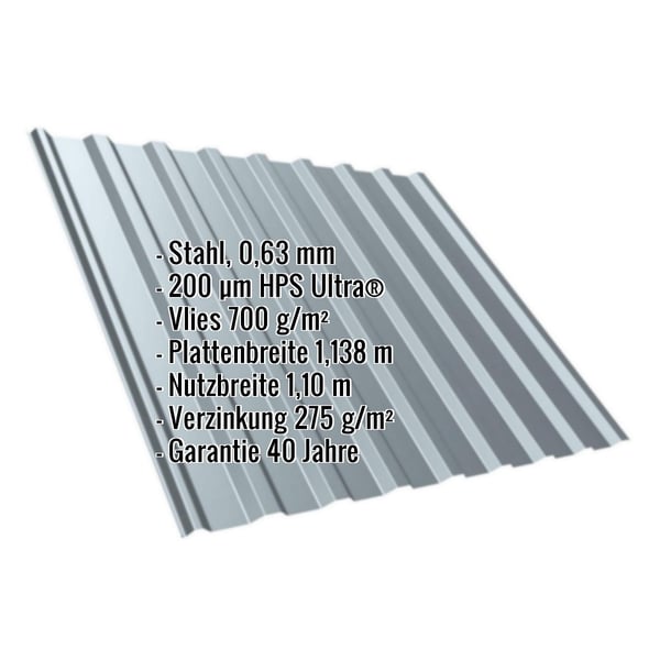 Trapezblech T20M Fenstergrau mit eingeblendeten technischen Daten und Beschichtung HPS Ultra