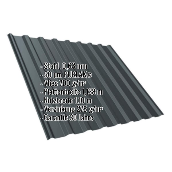 Trapezblech T20M anthrazitgrau mit PURLAK-Beschichtung, 0,63 mm Staerke, technische Eckdaten eingeblendet