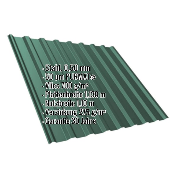 Trapezblech T20M Dach grün, 0,50 mm Stahl, mit PURMAT® Beschichtung und Anti-Tropf Vlies, Eckdaten eingeblendet