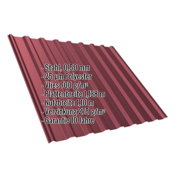Trapezblech T20M weinrot, 0,50 mm Stahl, Polyesterbeschichtung, Vlies 700 g/m², mit eingeblendeten Eckdaten