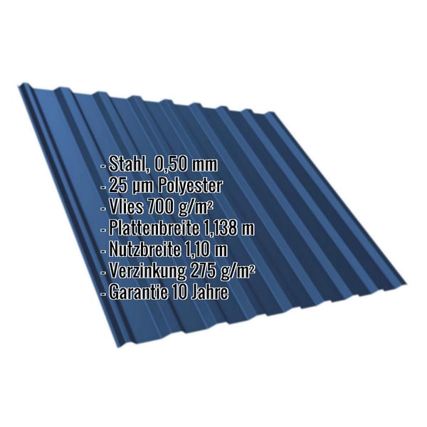 Trapezblech T20M Enzianblau mit eingeblendeten Eckdaten zu Material, Staerke, Beschichtung und Garantie