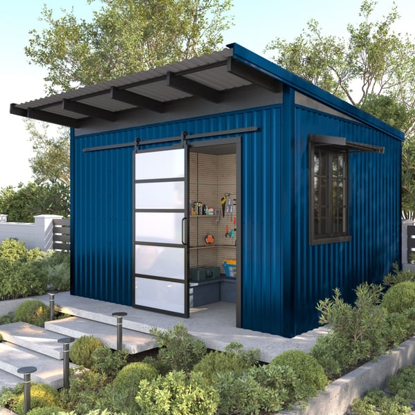 Trapezblech T20M Enzianblau als Wandverkleidung und Dach auf einem modernen Gartenhaus