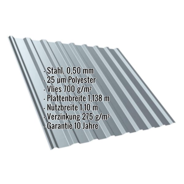 Trapezblech T20M Fehgrau mit eingeblendeten Eckdaten: Stahl, 0,50 mm, 25 µm Polyester, Vlies 700 g/m², Plattenbreite 1,138 m