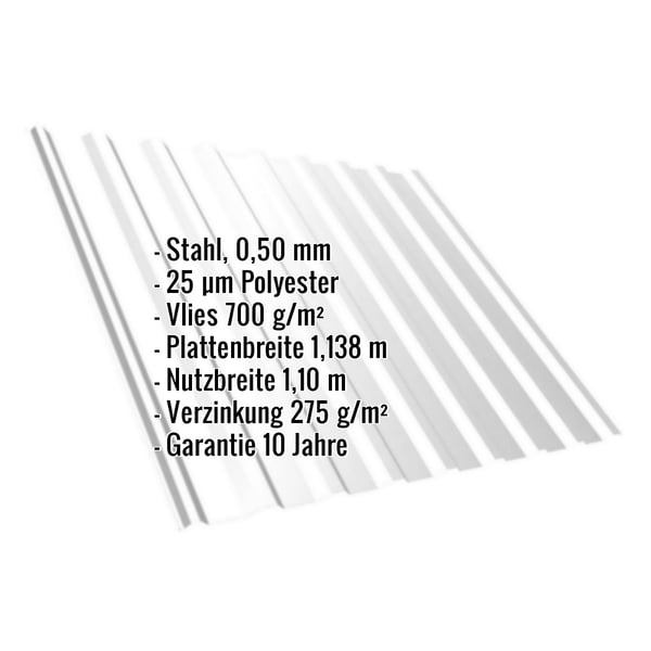 Trapezblech T20M Lichtgrau mit eingeblendeten Eckdaten zu Material, Staerke, Beschichtung und Massen