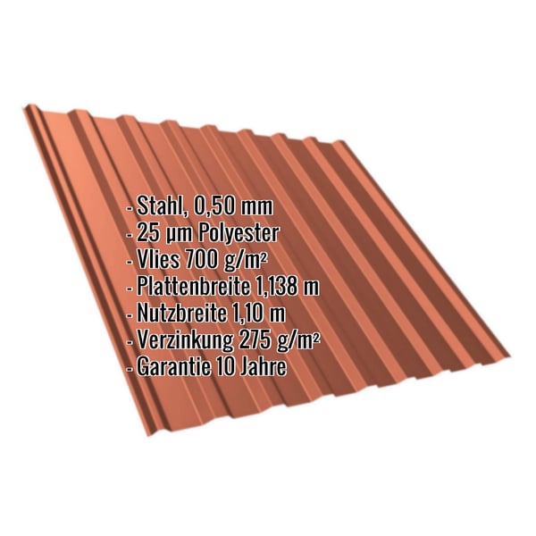 Trapezblech T20M Kupferbraun RAL 8004, 0,50 mm Stahl, mit eingeblendeten Eckdaten